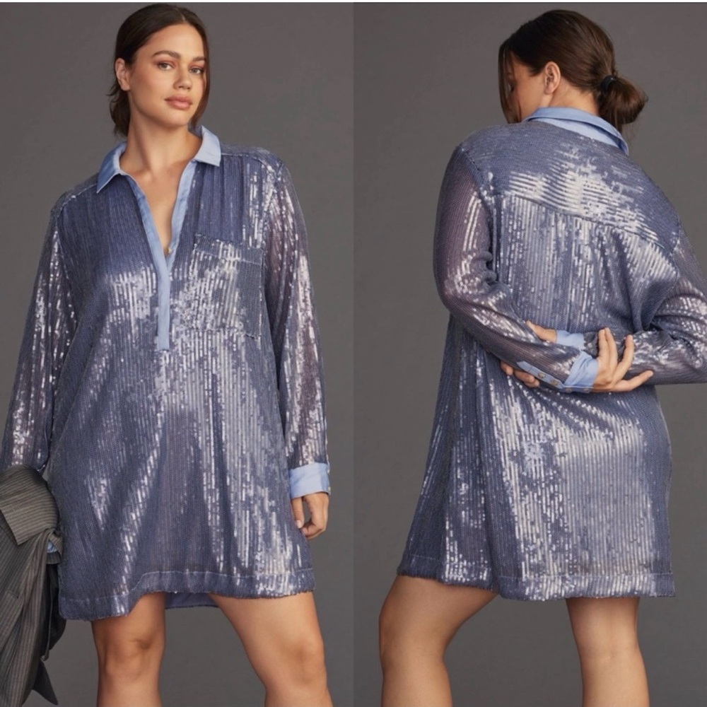 Shimmery Lilac Sequin Collared Tunic Dress